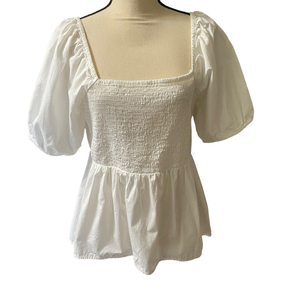 Loft Womems white Short Puffed Sleeve Blouse (L) Elastic bodice